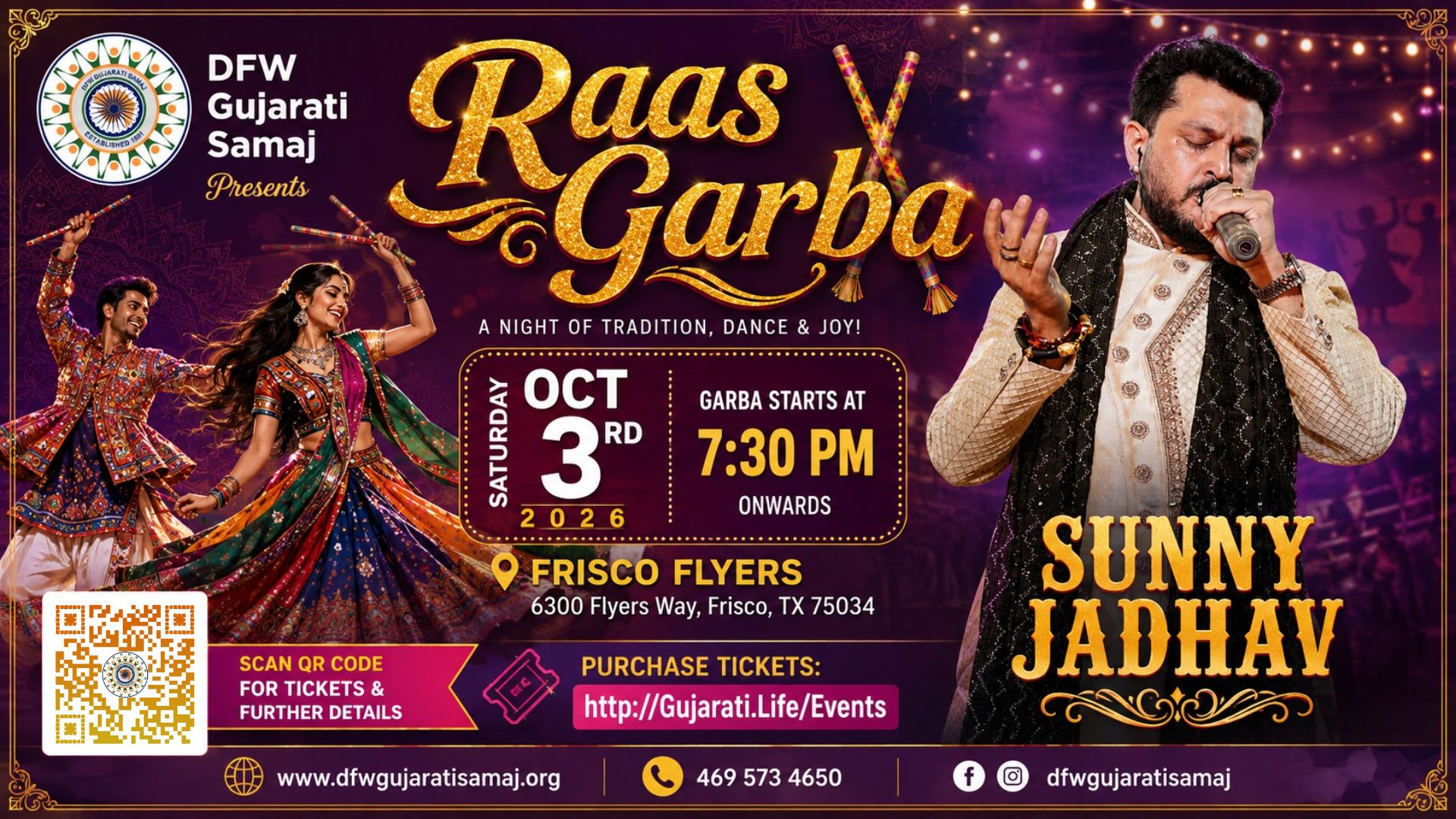 Navratri Raas Garba with Sunny Jadhav at Frisco Flyers - DFW Gujarati Samaj - Dallas Indian event on Sat, Oct 3