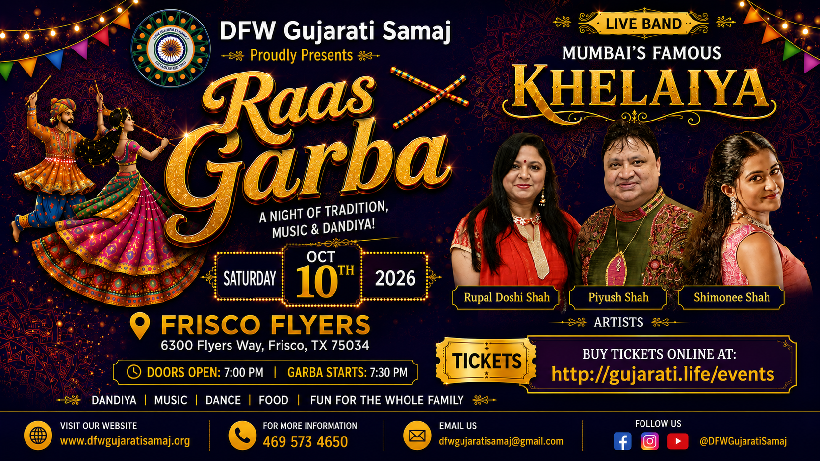 Navratri Raas Garba with Khelaiya Group - DFW Gujarati Samaj - Frisco Flyers - Dallas Indian event on Sat, Oct 10